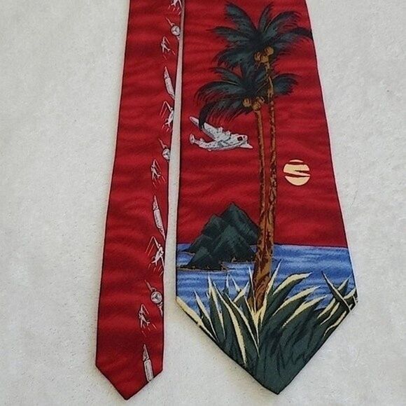 GJ Cahanahana Red Tropical Aviation Hand Sewn Silk Tie - Picture 2 of 10